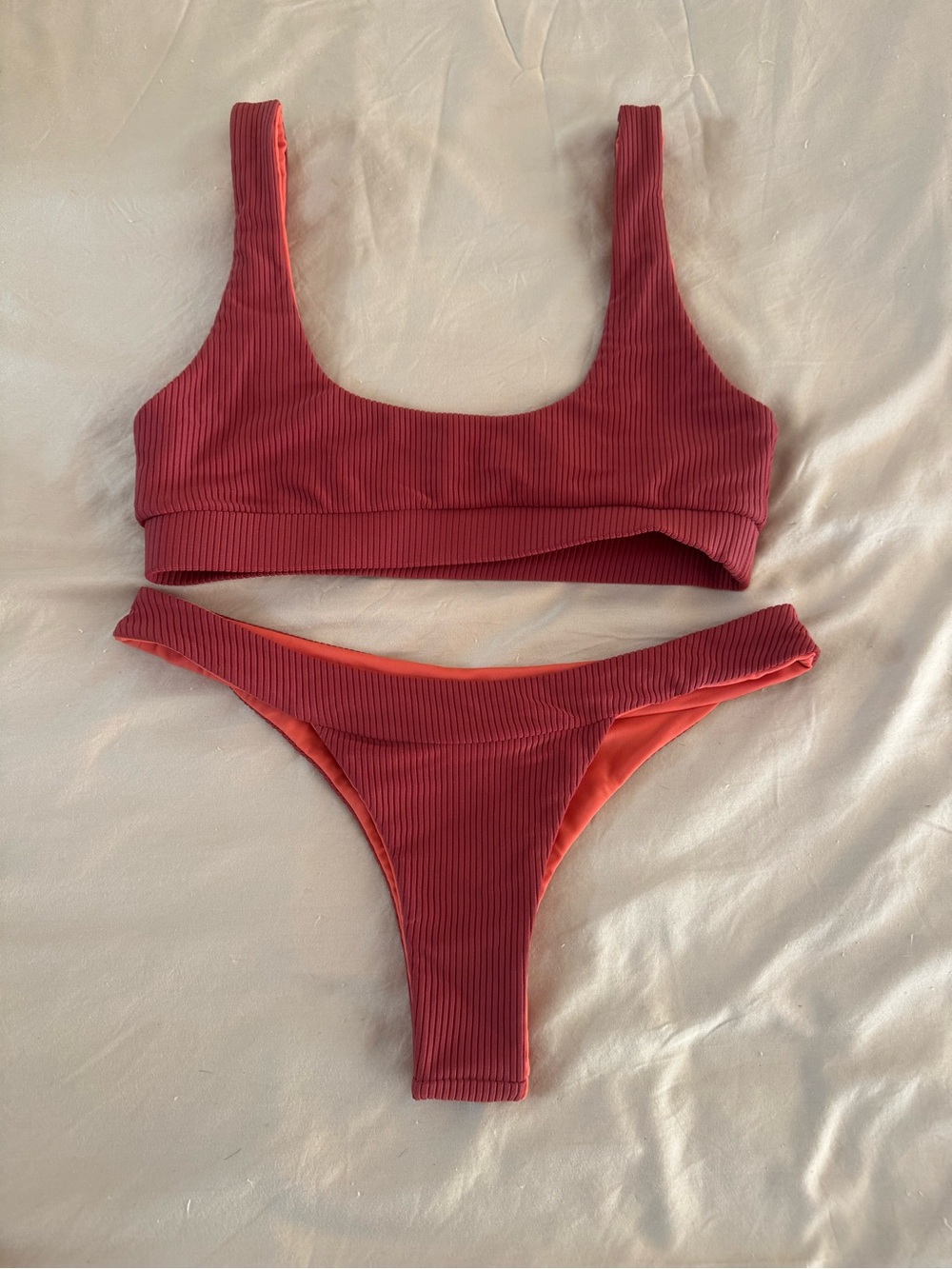 Ribbed Scoop Bikini Set in Rust